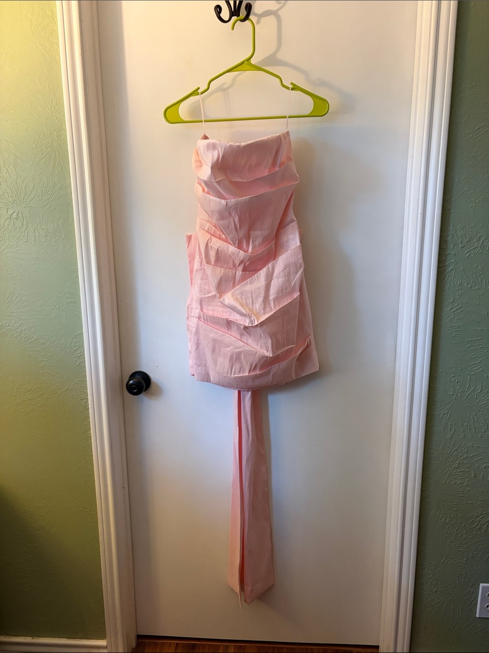 Strapless Pink Ruffle Mini Dress with Dramatic Tail